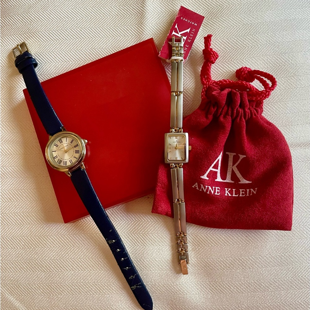 Anne Klein Watch Duo Gold/Silver & Blue Leather w/ Red Pouch